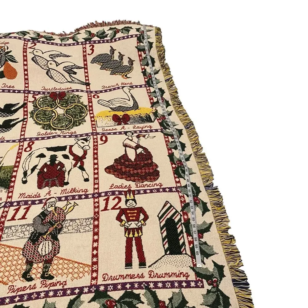 Vintage 12 Days of Christmas Woven Tapestry Throw Blanket Fringe 49x71 Large
